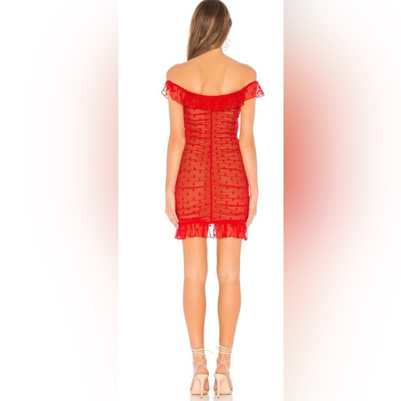 Majorelle Off Shoulder Bandit Mini Dress in Red Swiss Dot TB5